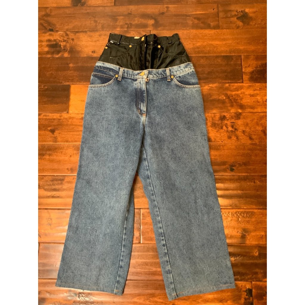 Natasha Zinko Blue Denim Wide Leg Black Patent Leather Combo Jeans Size 0 | 34